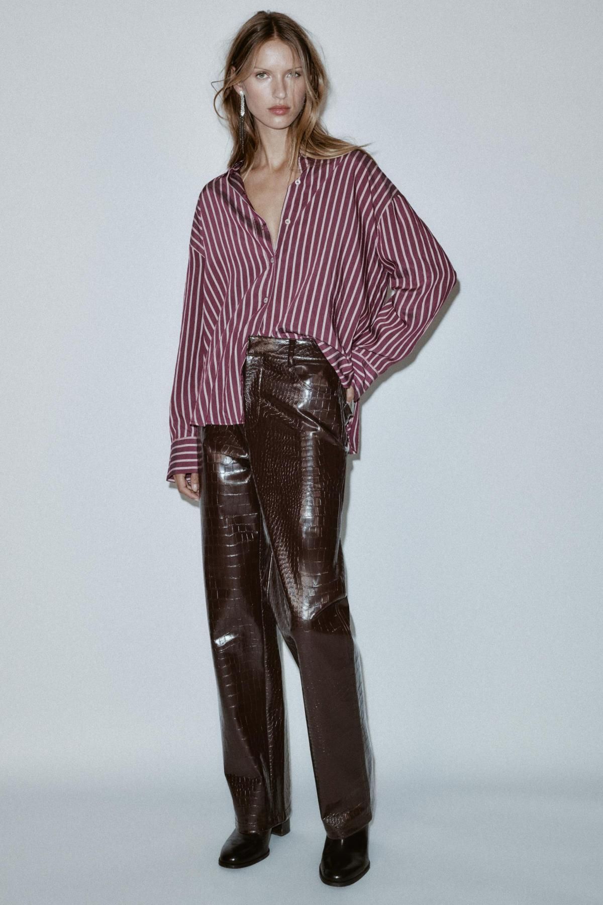 자라 오버사이즈 스트라이프 포플린 긴팔 셔츠 9804/685 MARSALA - 상세 이미지 2