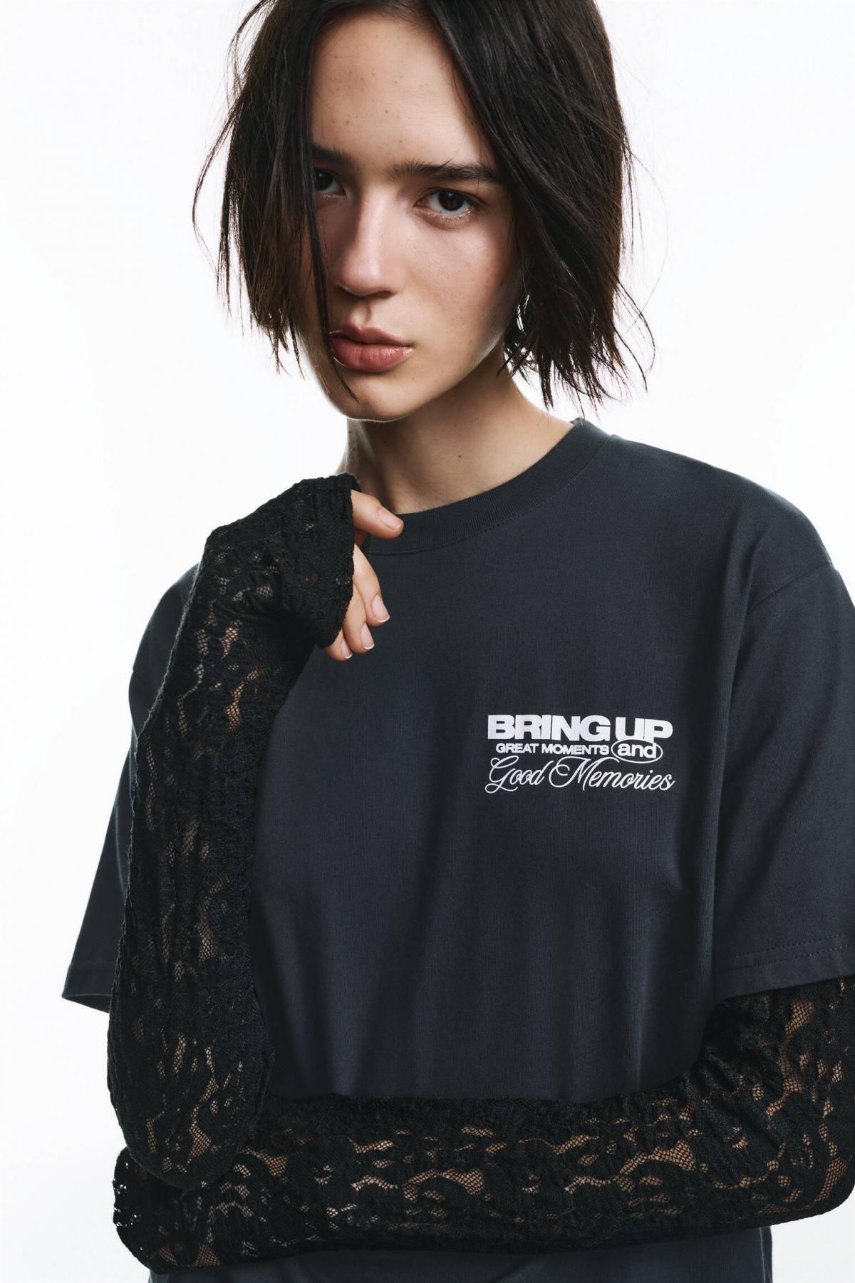 풀앤베어 오버핏 레이스 더블소매 라운드넥 티셔츠 7153/375 ANTHRACITE GREY - 상세 이미지 3