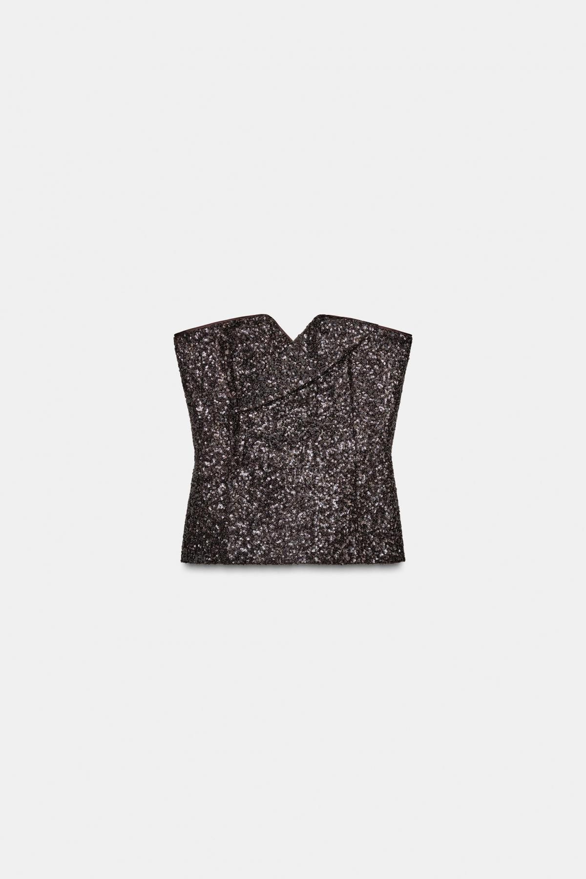 자라 한정판 시퀸 스트랩리스 뷔스티에 탑 9951/108 BROWN - 상품 이미지