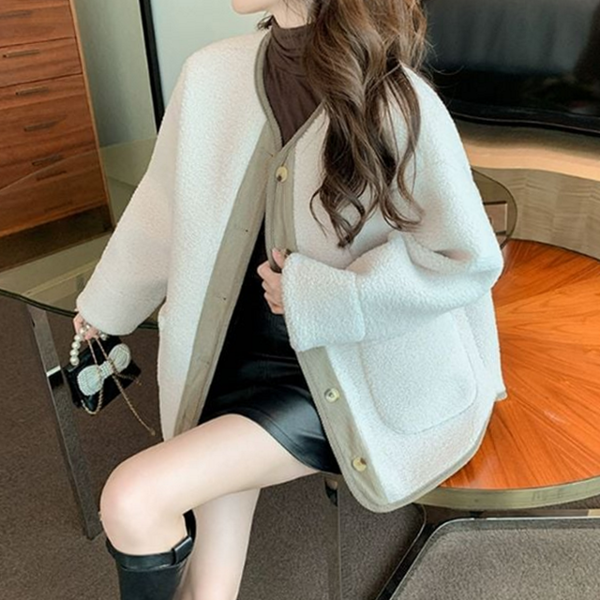 루즈핏 여자 양털 자켓 뽀글이 여성 노카라 자켓 데일리 겨울 - 메인 이미지