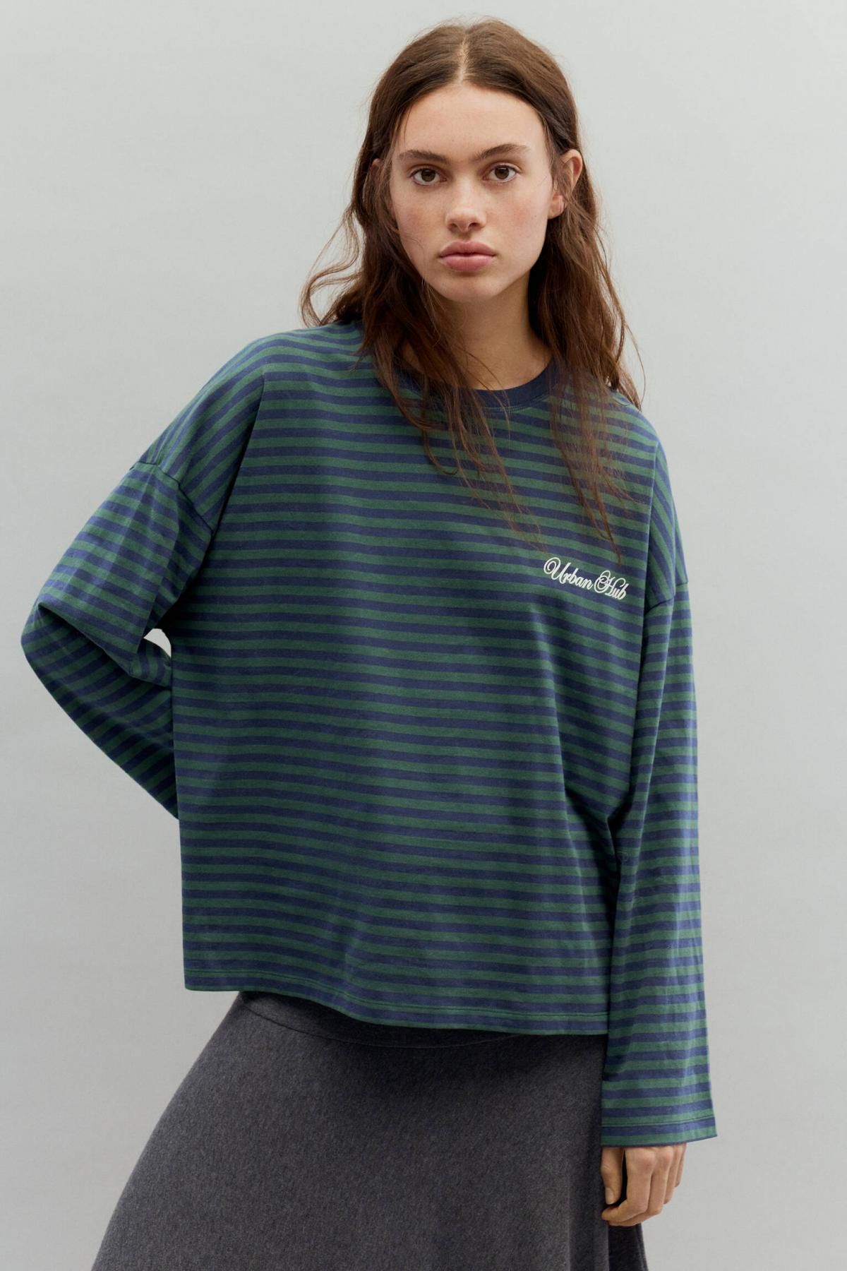 풀앤베어 스트라이프 긴팔 티셔츠 코튼블렌드 레터링 3230/333 NAVY - 상세 이미지 2