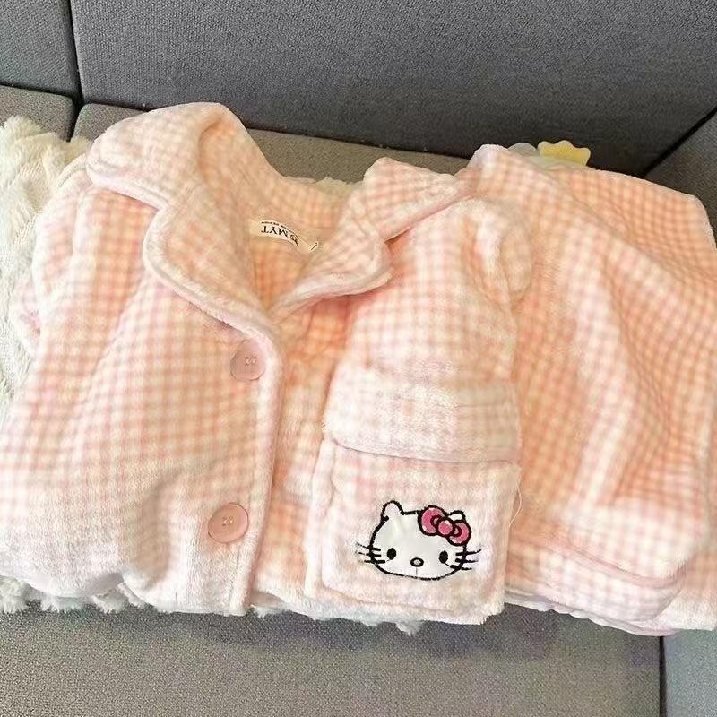 여성 잠옷 수면잠옷 카디건 가을 겨울 산호 플리스 두꺼운 투피스 홈웨어 산리오 치이카와 핑크 체크 키티 세트 M 35~47.5kg - 상세 이미지 2