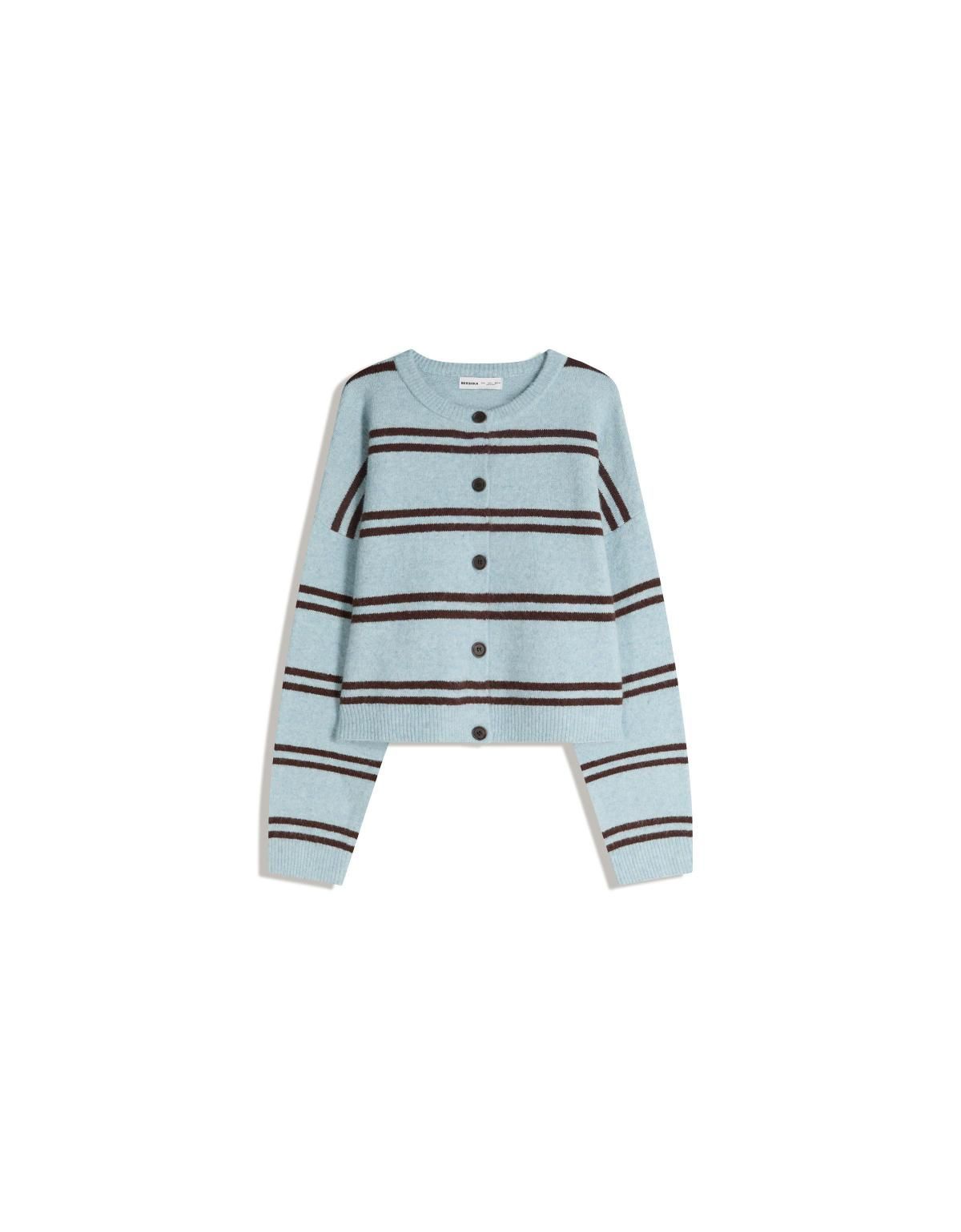 버쉬카 스트라이프 크롭 라운드넥 버튼업 니트 카디건 0042/693 TURQUOISE - 상품 이미지