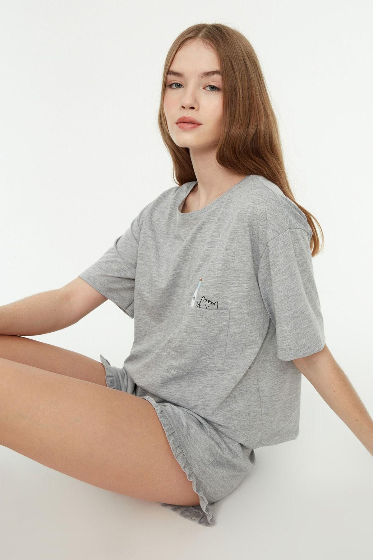 트렌디올 러플 코튼 혼방 그레이 숏 파자마 세트 4222769 GRIS - 상세 이미지 4
