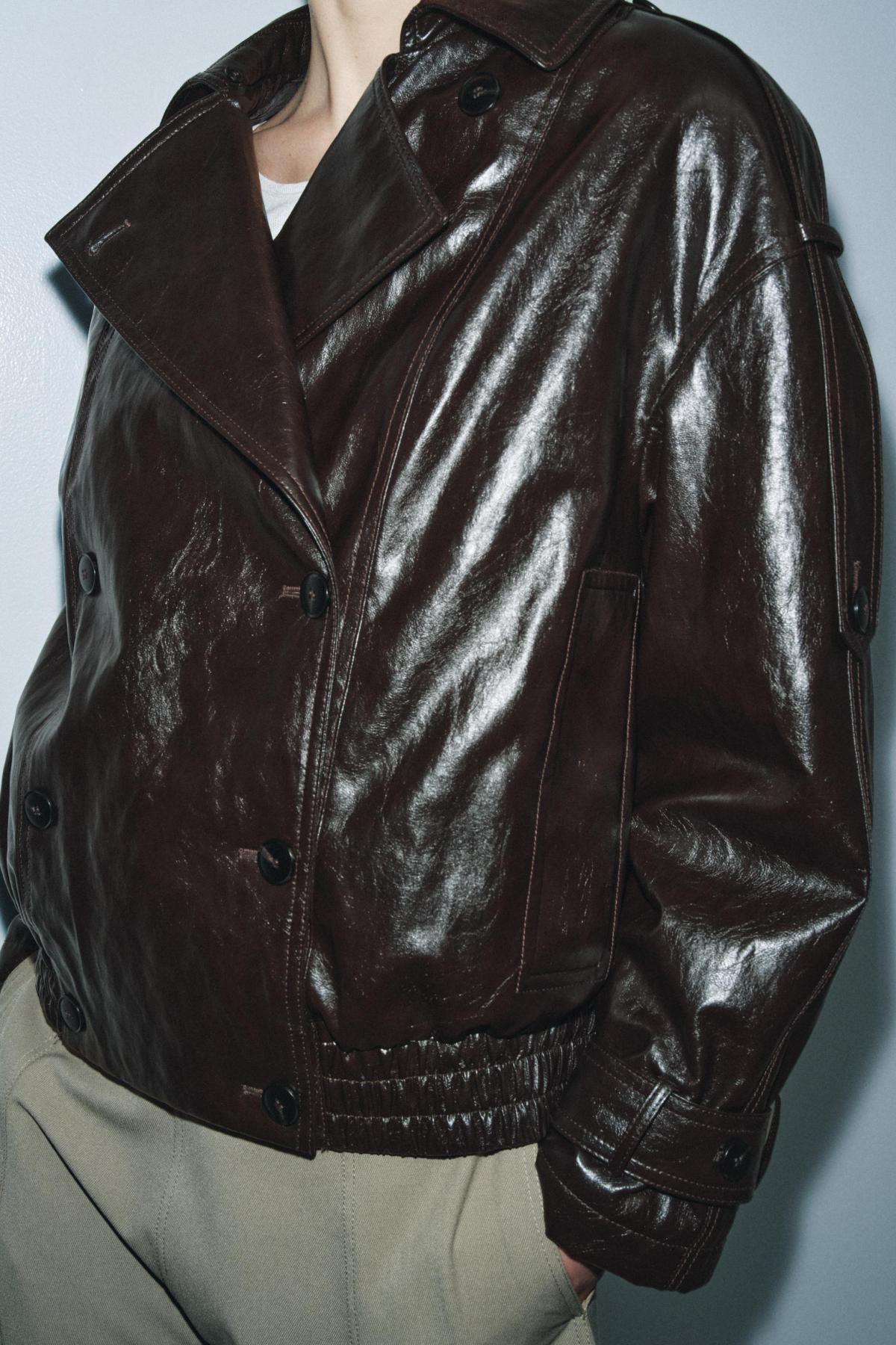 자라 샤이니 테크니컬 퍼칼라 더블브레스트 재킷 8491/315 BROWN - 상세 이미지 3
