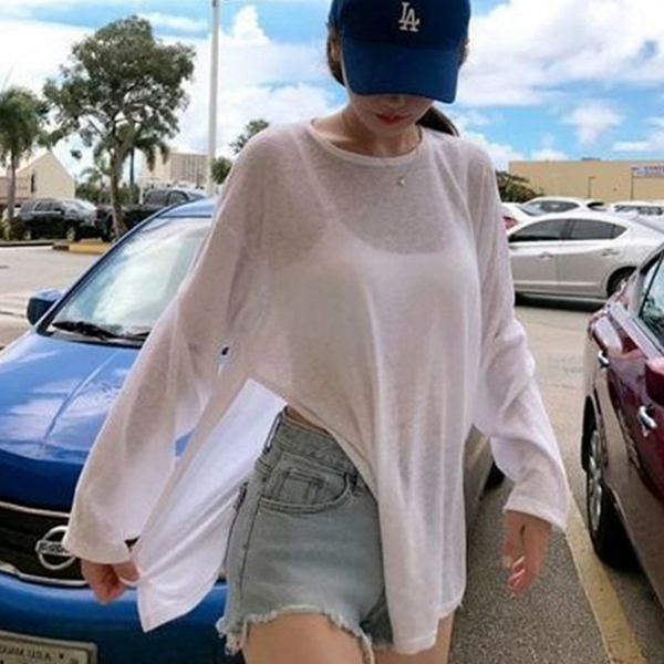 루즈핏 여성 시스루 티셔츠 데일리룩 비치 웨어 긴 팔 여름 - 상품 이미지