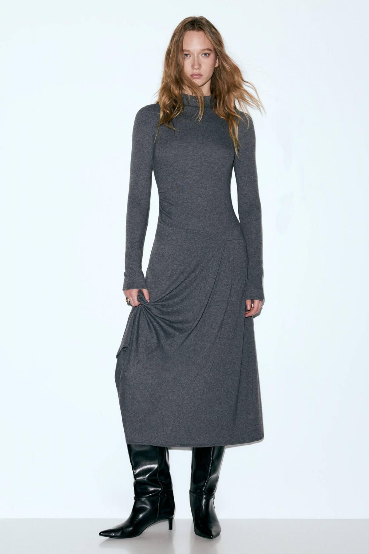 풀앤베어 소프트 라운드넥 미디 원피스 사이드 셔링 3380/302 ANTHRACITE GREY - 상세 이미지 2