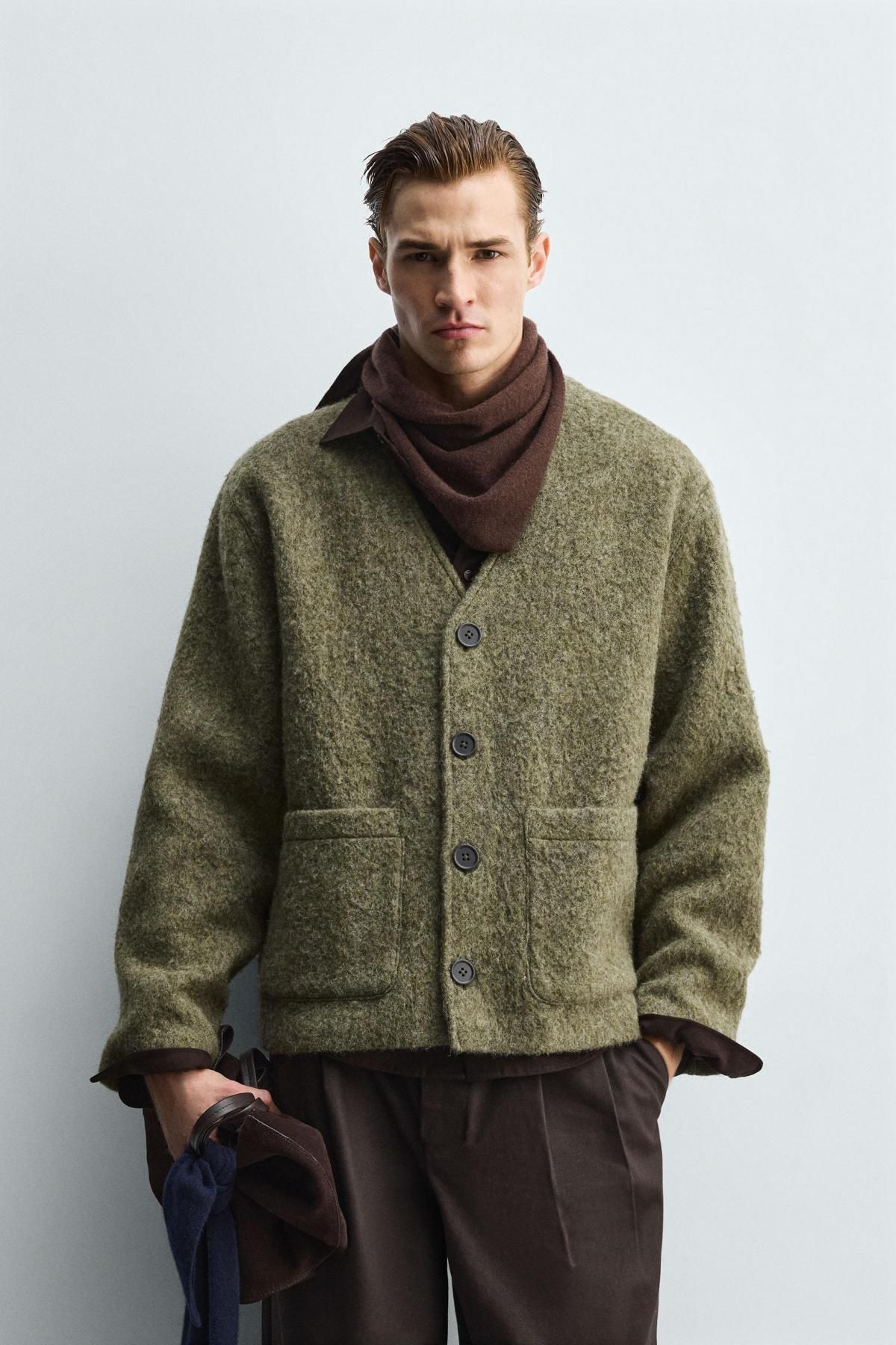 자라 텍스처 릴렉스핏 브이넥 울블렌드 카디건 3046/327 GREEN MARL - 상세 이미지 3
