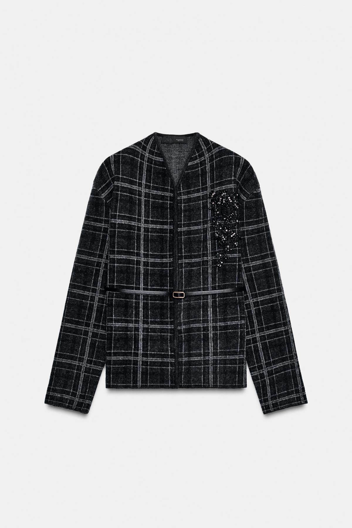 자라 모던 체크 브이넥 니트 카디건 벨트 2893/186 GREY - 메인 이미지