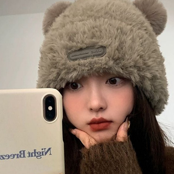 따뜻한 여자 곰돌이 모자 캐릭터 겨울 귀달이 모자 방한 여성 - 메인 이미지