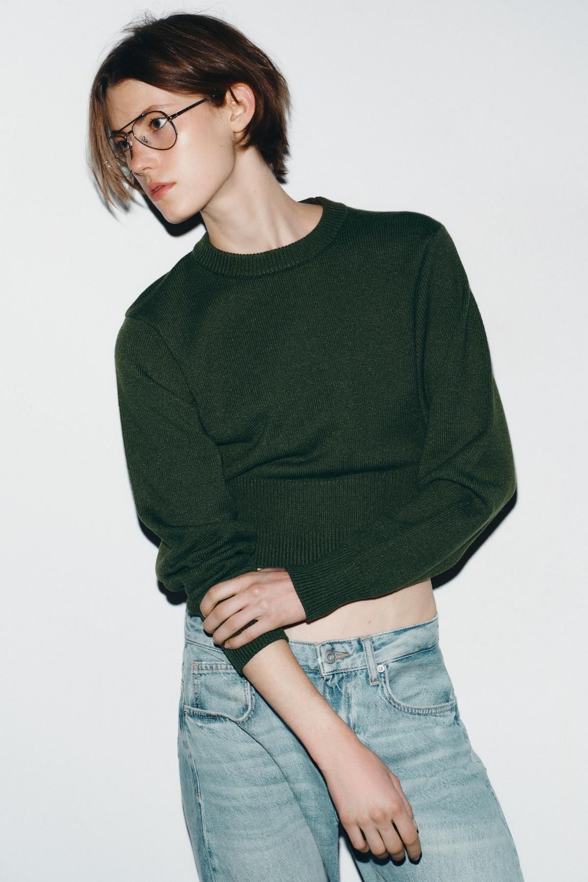 자라 크롭 테크니컬 라운드넥 니트 스웨터 5536/141 DARK KHAKI - 상세 이미지 3