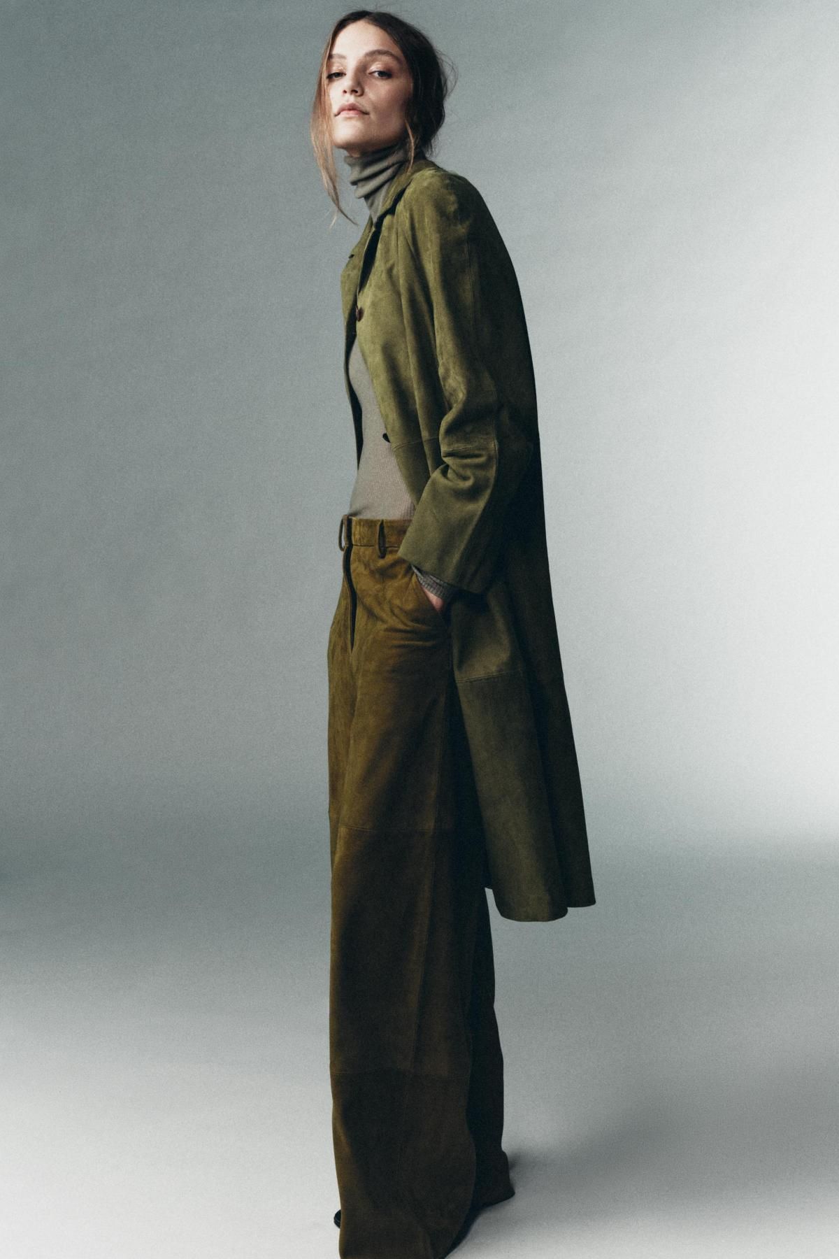 자라 프리미엄 스웨이드 와이드 팬츠 1966/983 OLIVE GREEN - 상세 이미지 2
