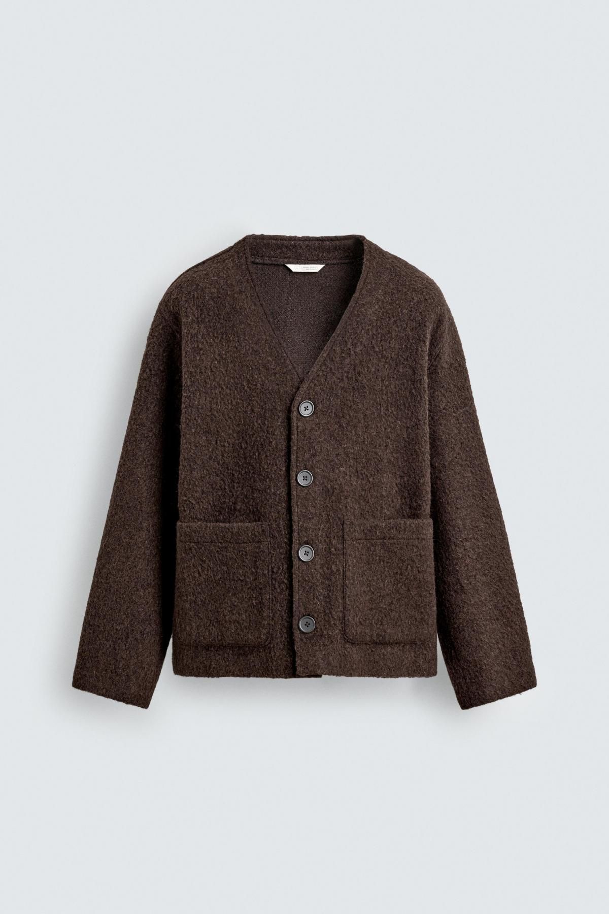 자라 텍스처 릴렉스핏 브이넥 울혼방 카디건 브라운 3046/327 DARK BROWN - 상품 이미지