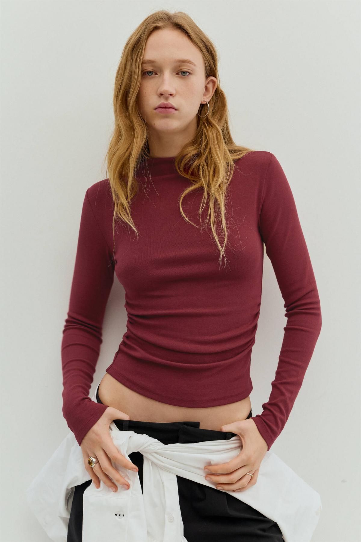 풀앤베어 스트레치 하이넥 슬림핏 긴팔 탑 3230/307 BURGUNDY - 상세 이미지 2
