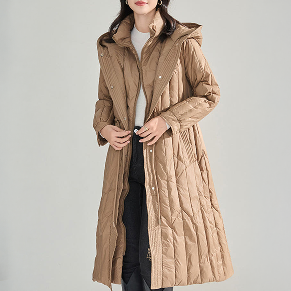 덕다운 하이넥 경량 후드 롱 패딩 코트 베이지 중년여성 오리털 점퍼 룩킵 - 상세 이미지 2