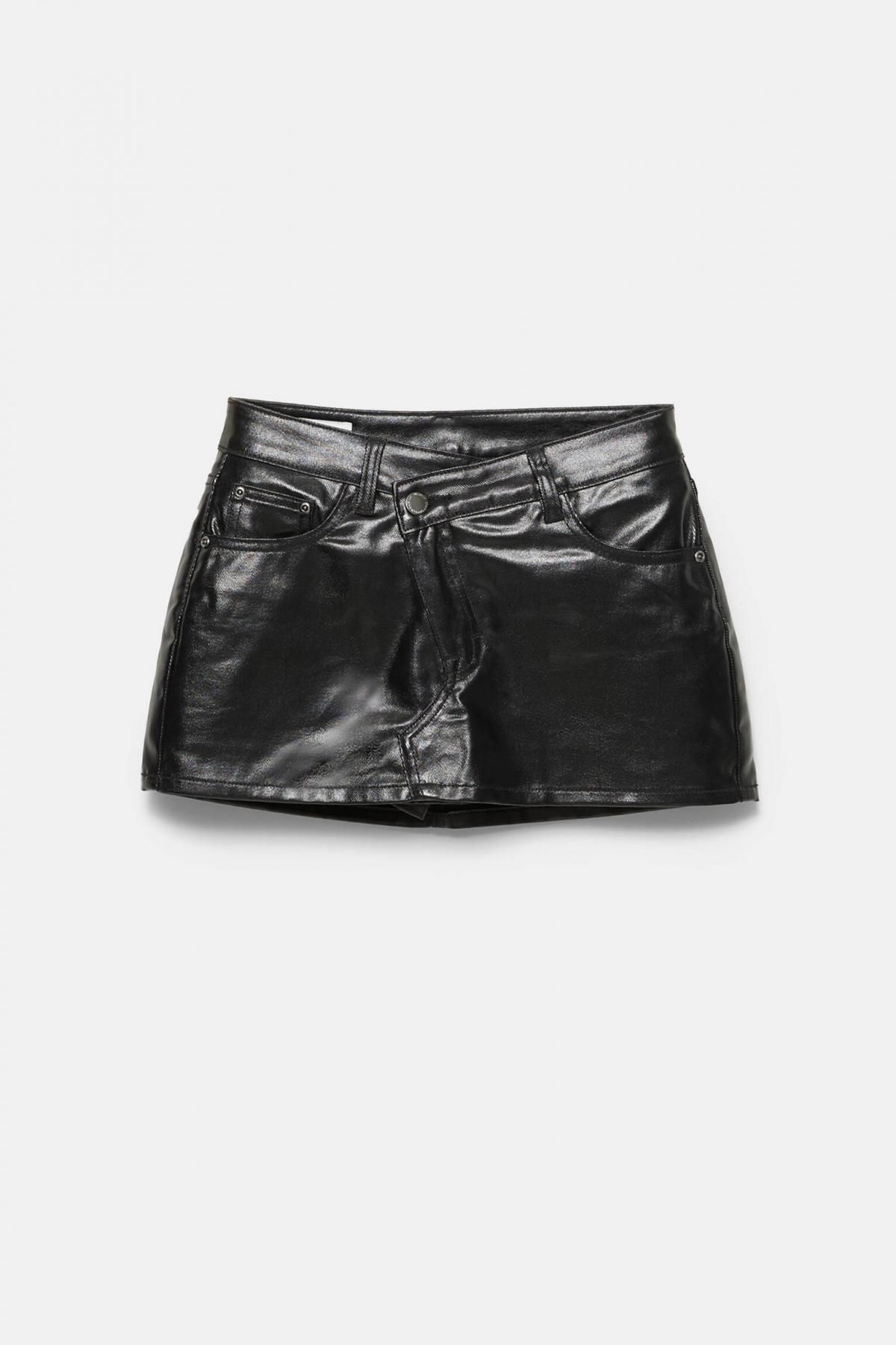 풀앤베어 글로시 블랙 크로스 웨이스트 미니 스커트 7696/361 BLACK - 상품 이미지