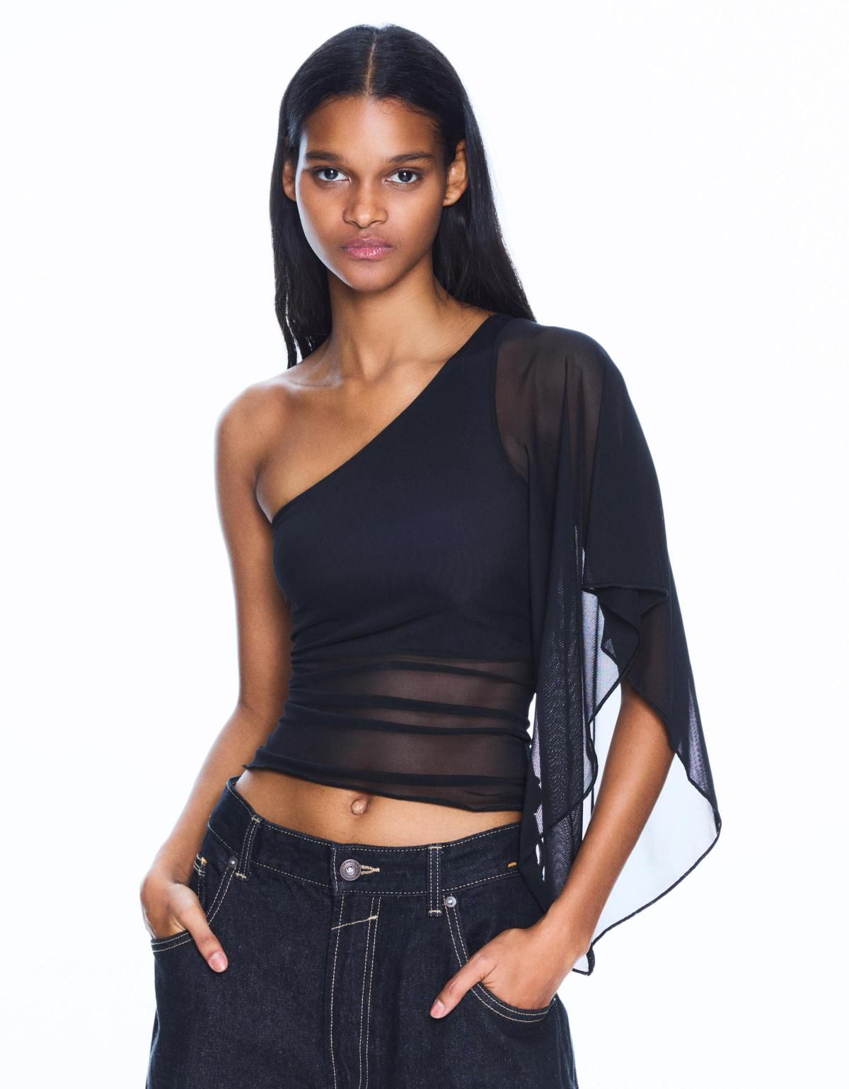 버쉬카 비대칭 튤 시스루 원숄더 티셔츠 0934/169 BLACK - 상품 이미지