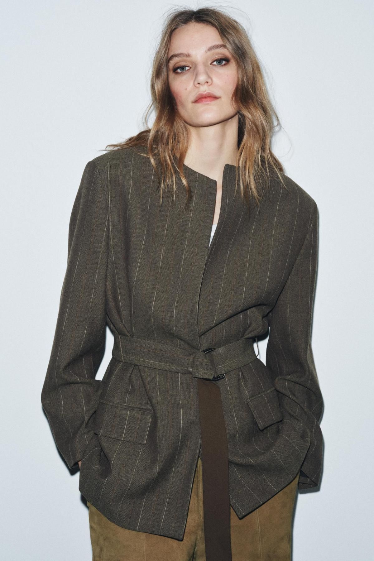 자라 스트라이프 벨티드 라운드넥 블레이저 9691/942 KHAKI - 상세 이미지 3