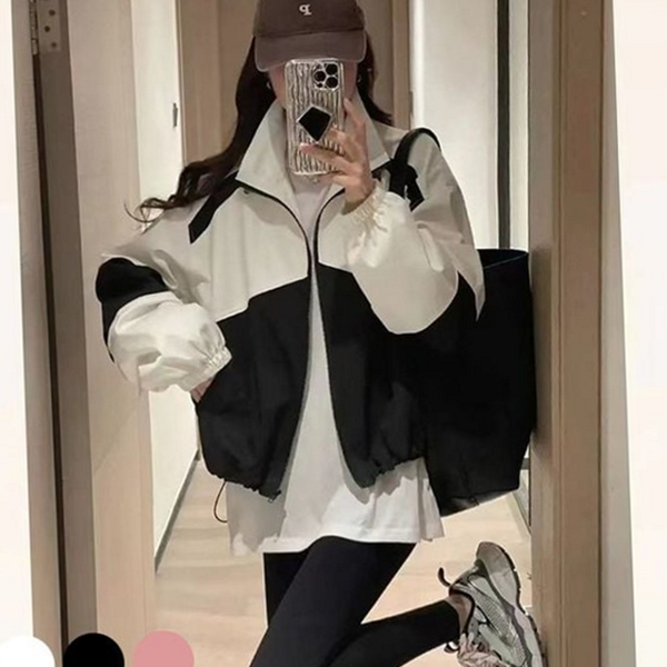얇은 크롭 바람막이 점퍼 루즈핏 배색 바람막이 점퍼 데일리 간절기 - 메인 이미지