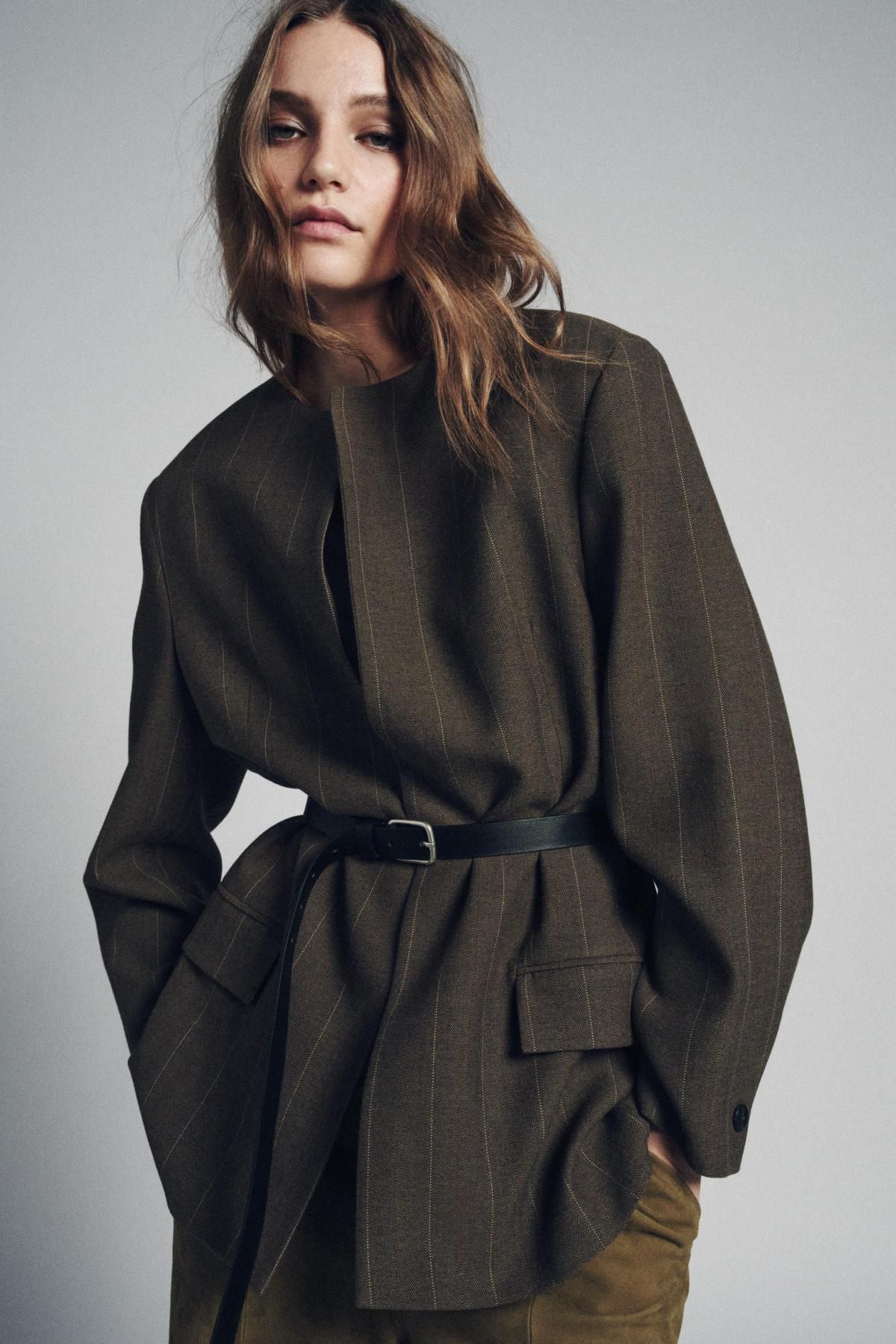 자라 스트라이프 벨티드 라운드넥 블레이저 9691/942 KHAKI - 상세 이미지 5