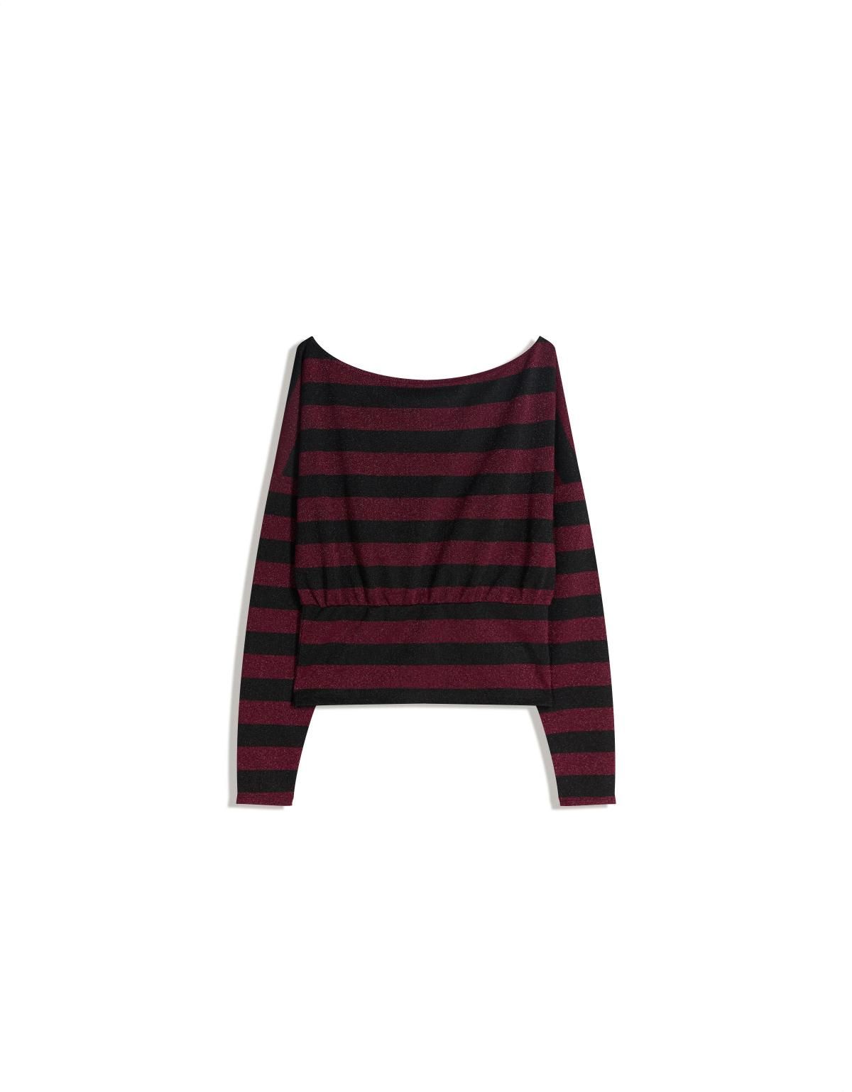 버쉬카 글리터 스트라이프 비대칭 긴팔 티셔츠 0879/218 BURGUNDY - 상품 이미지