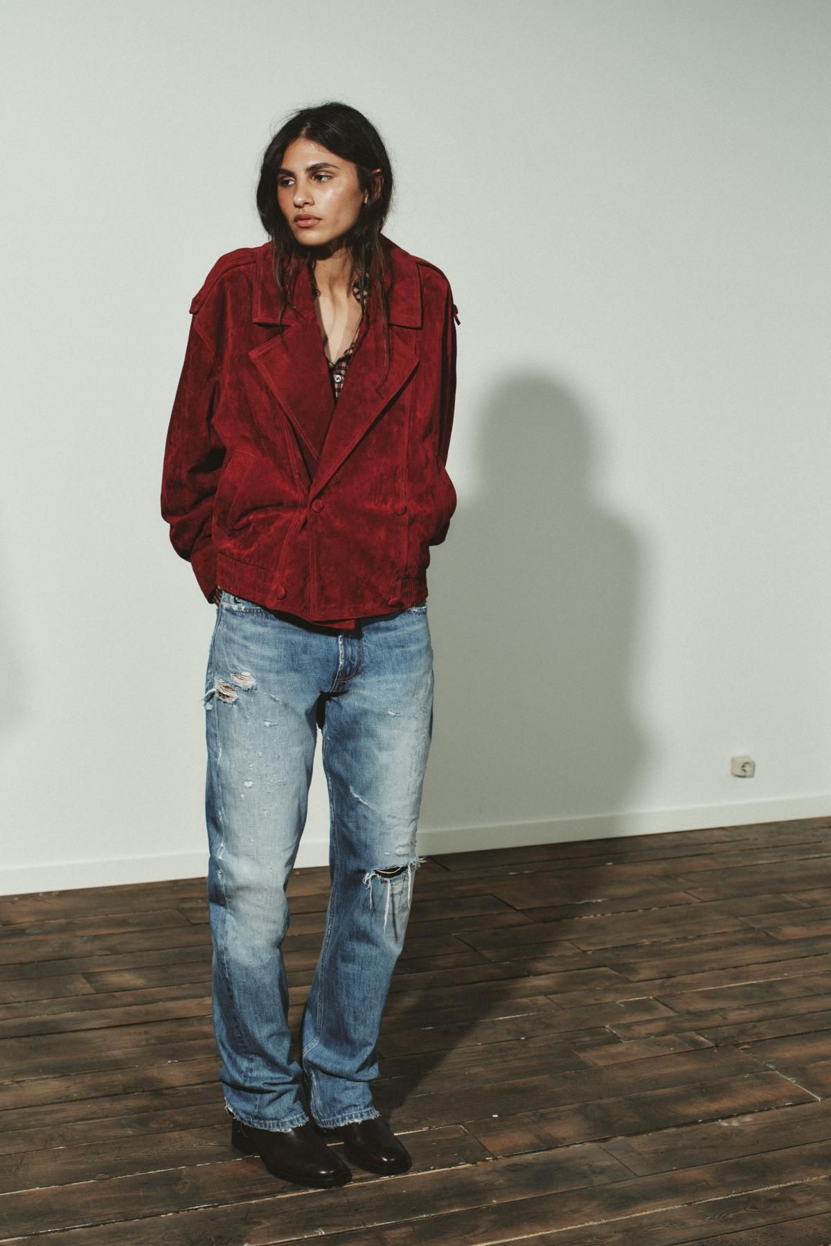 자라 프리미엄 스웨이드 레더 테크니컬 자켓 4341/783 RED - 상세 이미지 2