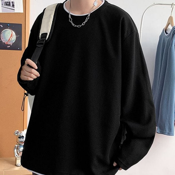 루즈핏 남성 와플 티셔츠 레이어드 남성 긴 팔 티셔츠 데일리 - 메인 이미지