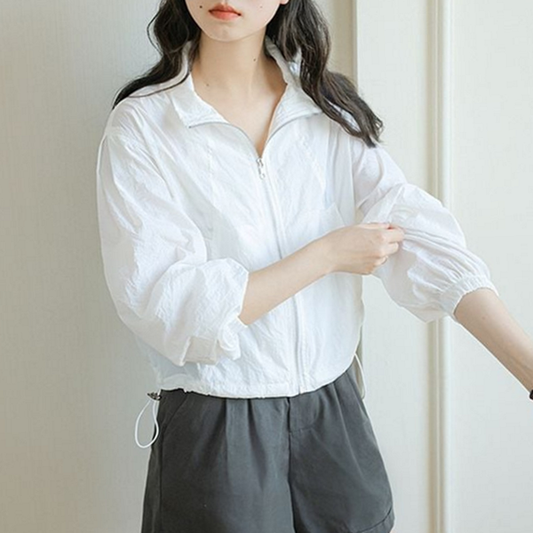 루즈핏 여성 트랙 자켓 캐주얼 스트링 바람막이 하이넥 간절기 - 상품 이미지