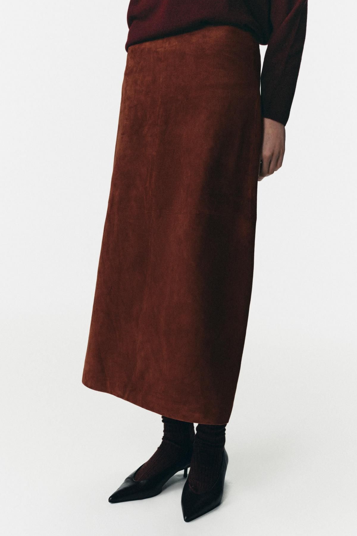 자라 프리미엄 스웨이드 미디 스커트 한정판 2521/901 DARK RUSSET - 상세 이미지 3