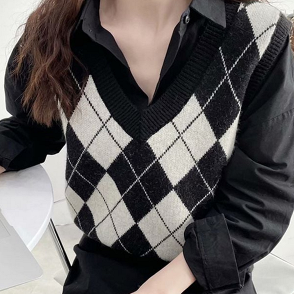 레이어드 여성 아가일 조끼 브이넥 여성 니트 조끼 베스트 가을 - 상품 이미지