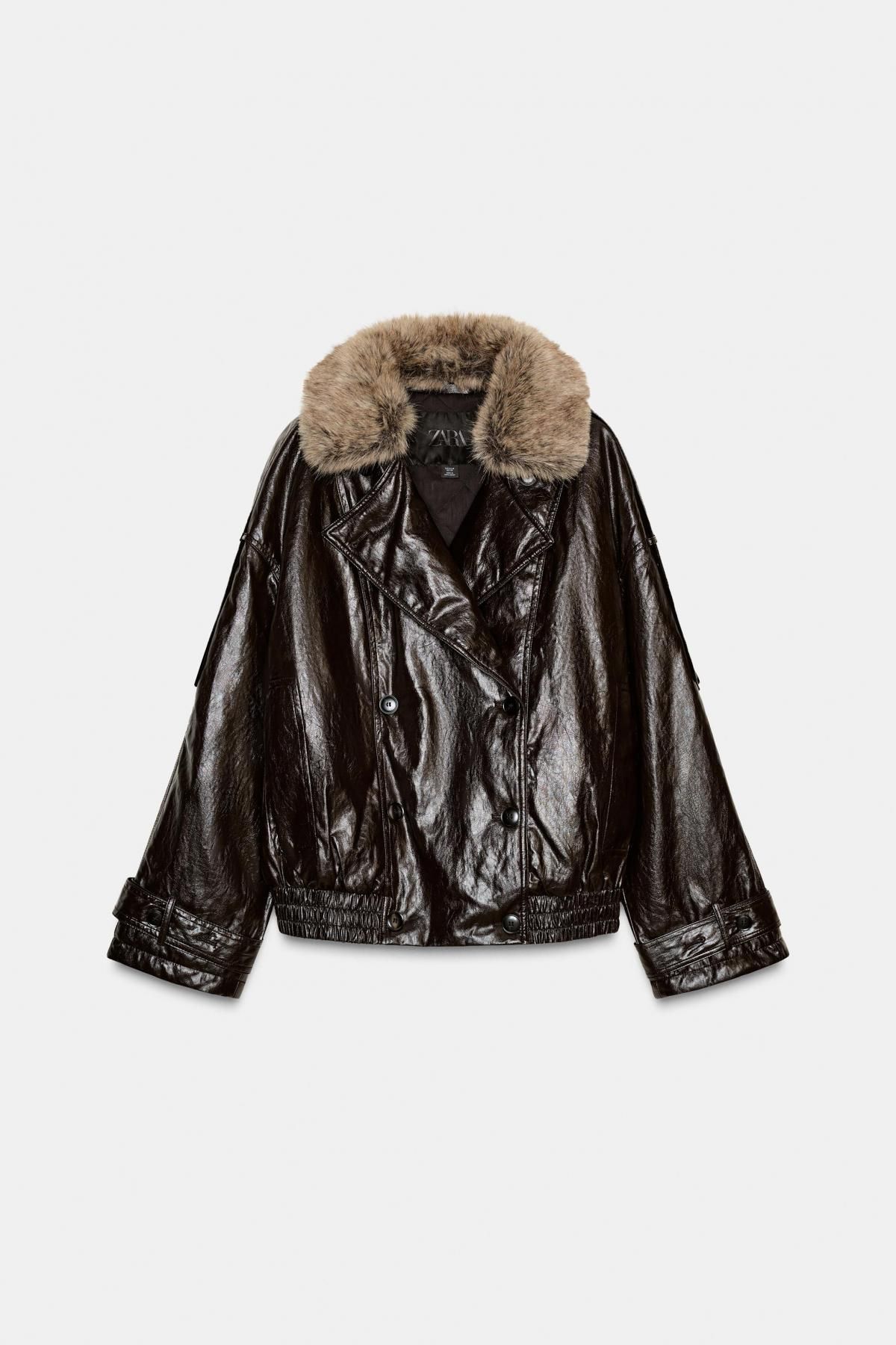 자라 샤이니 테크니컬 퍼칼라 더블브레스트 재킷 8491/315 BROWN - 상품 이미지
