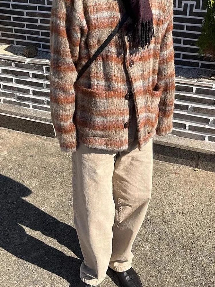 남자갈색가디건 어깨깡패 두툼한 앙고라 오버핏 갈색 갈색 격자 무늬 남 120g - 상세 이미지 2