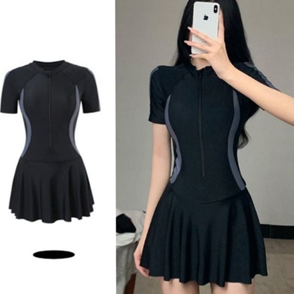 체형커버 여성 래쉬가드 배색 반팔 래쉬가드 수영장 물놀이 - 메인 이미지