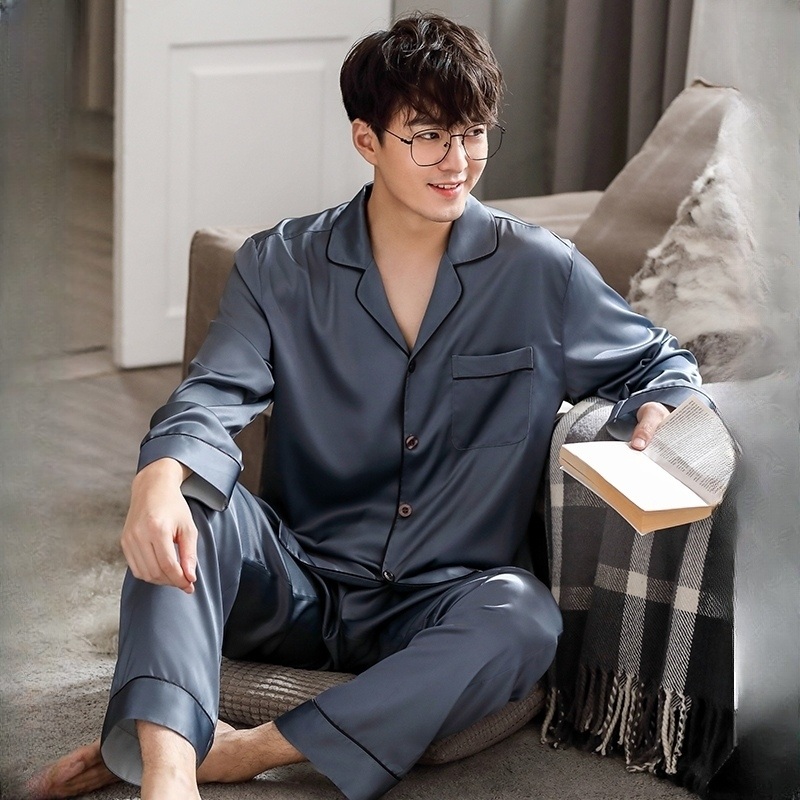 남자 실크 잠옷 수면 파자마 가을 투피스 가운 커플 긴팔 여름 실내 바지 부드러운 - 상품 이미지