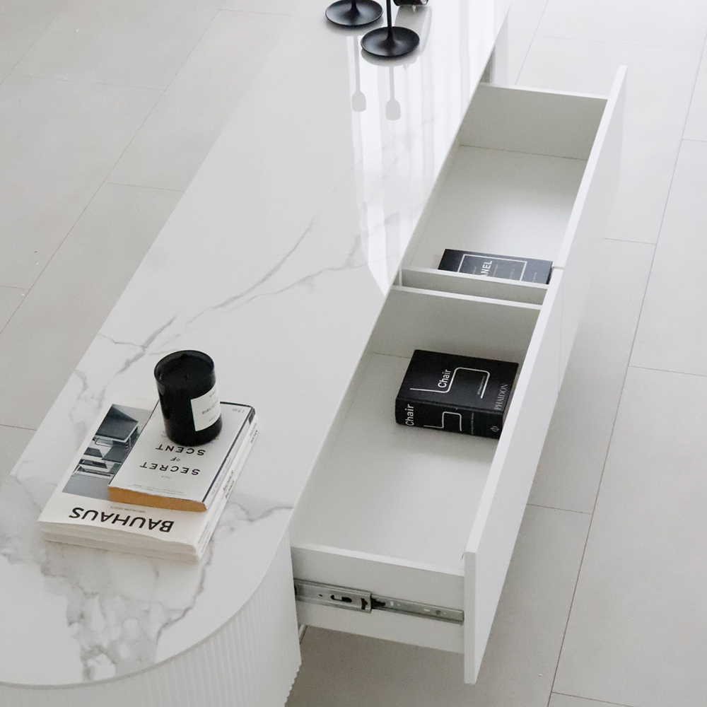 헤라 템바보드 반타원 통 세라믹 거실장 고급 마블 티비다이 수납 TV 장식장 2000