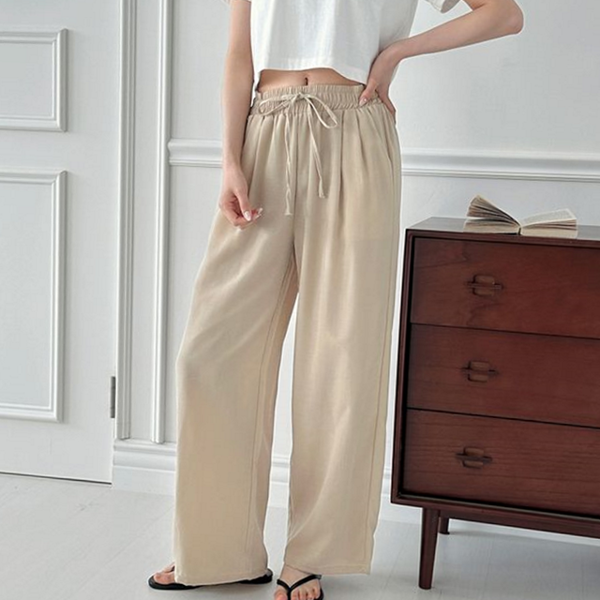 데일리 여자 린넨 바지 캐주얼 여자 와이드 팬츠 여름 밴딩 - 상품 이미지