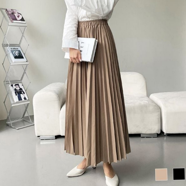 가을 여성 플리츠 롱 스커트 주름 여성 밴딩 롱 스커트 - 상품 이미지