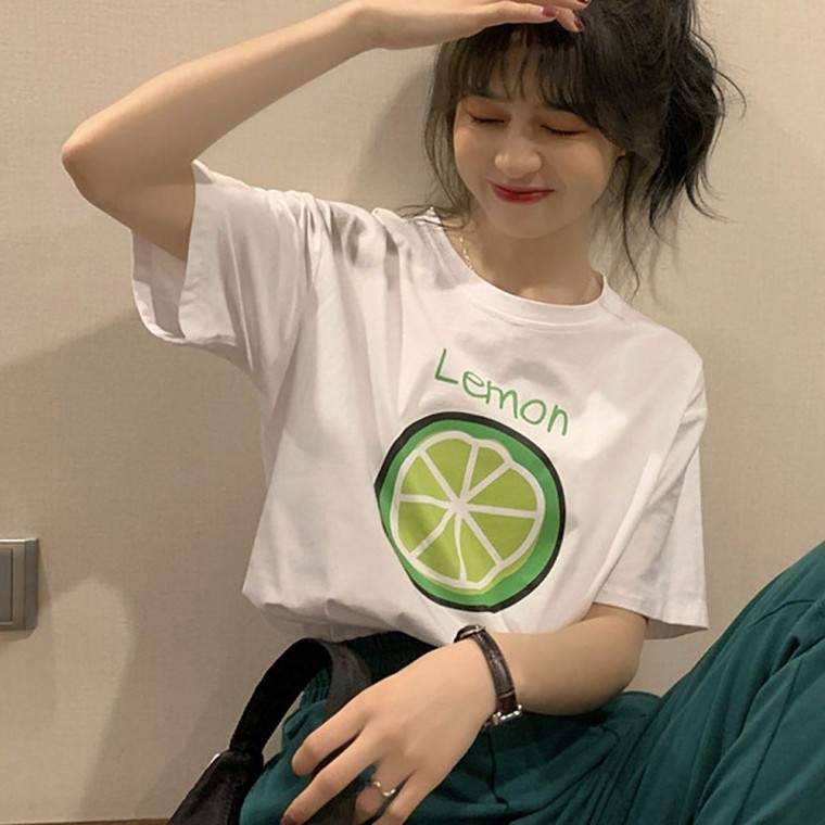 여자 외출 라운드넥 귀여운 프린팅 레몬 반팔 티셔츠 여성 U넥 반팔티 이너 여름 기본 - 상품 이미지