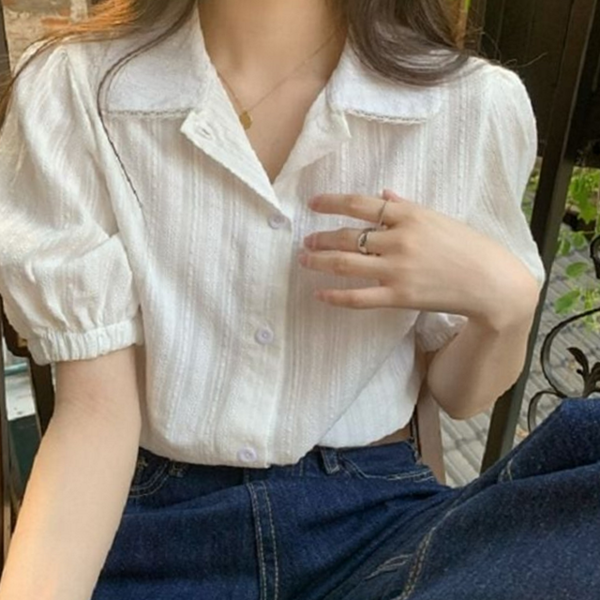 루즈핏 여자 퍼프 블라우스 셔츠 여자 카라 블라우스 크롭 여름 - 상품 이미지