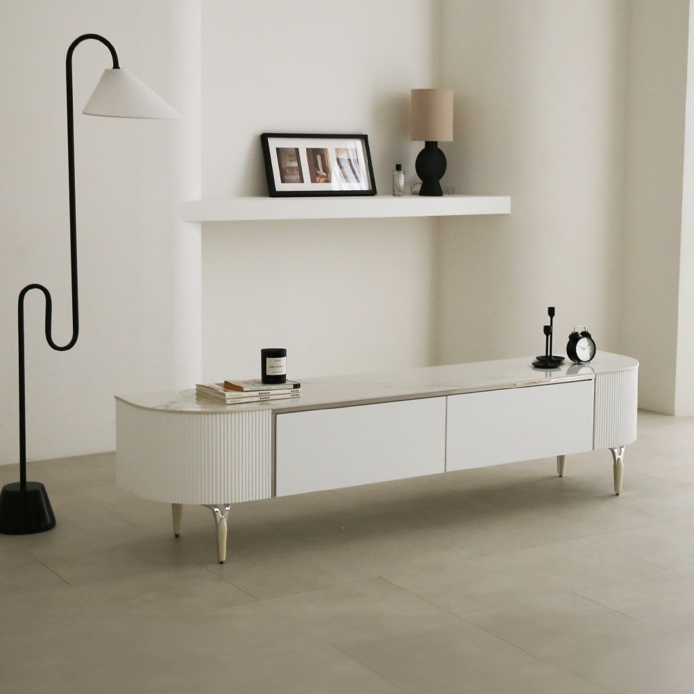 헤라 템바보드 반타원 통 세라믹 거실장 고급 마블 티비다이 수납 TV 장식장 2000