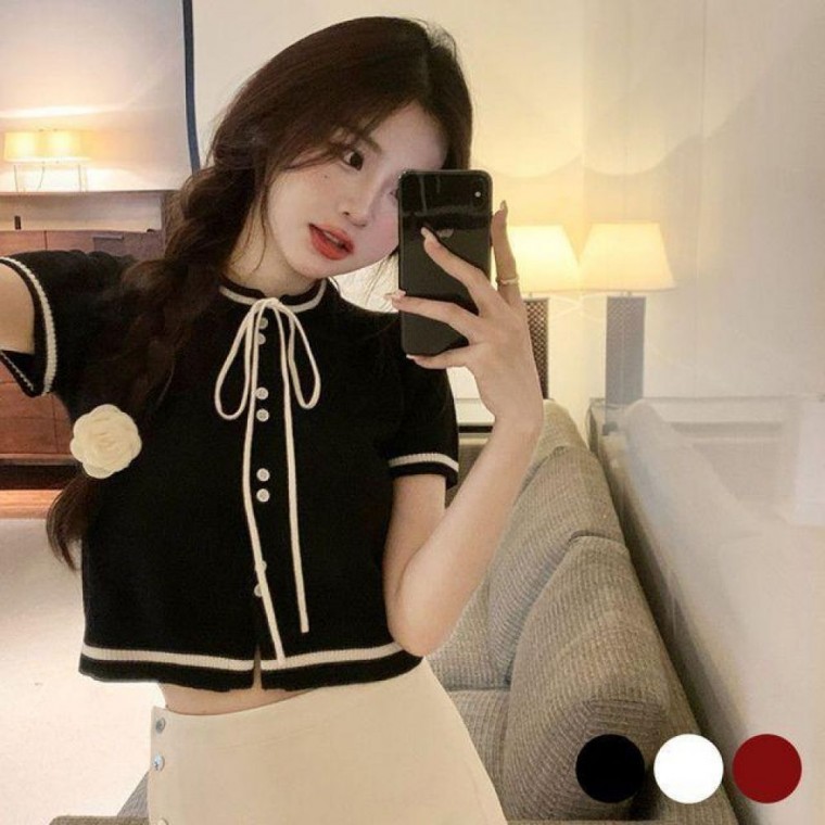 넥리본 여성 반크롭 기장 발랄한 S/S 스탠다드풀오버 오픈니트 - 상품 이미지