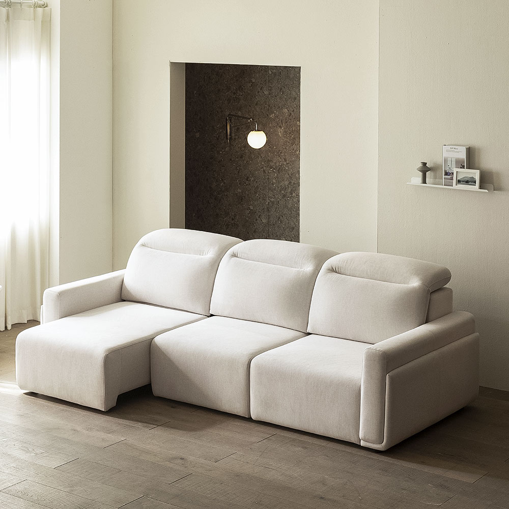 장인가구 고요 모션 전동 슬라이딩 패브릭 리클라이너 슬라이드 소파 아이보리, 4인용