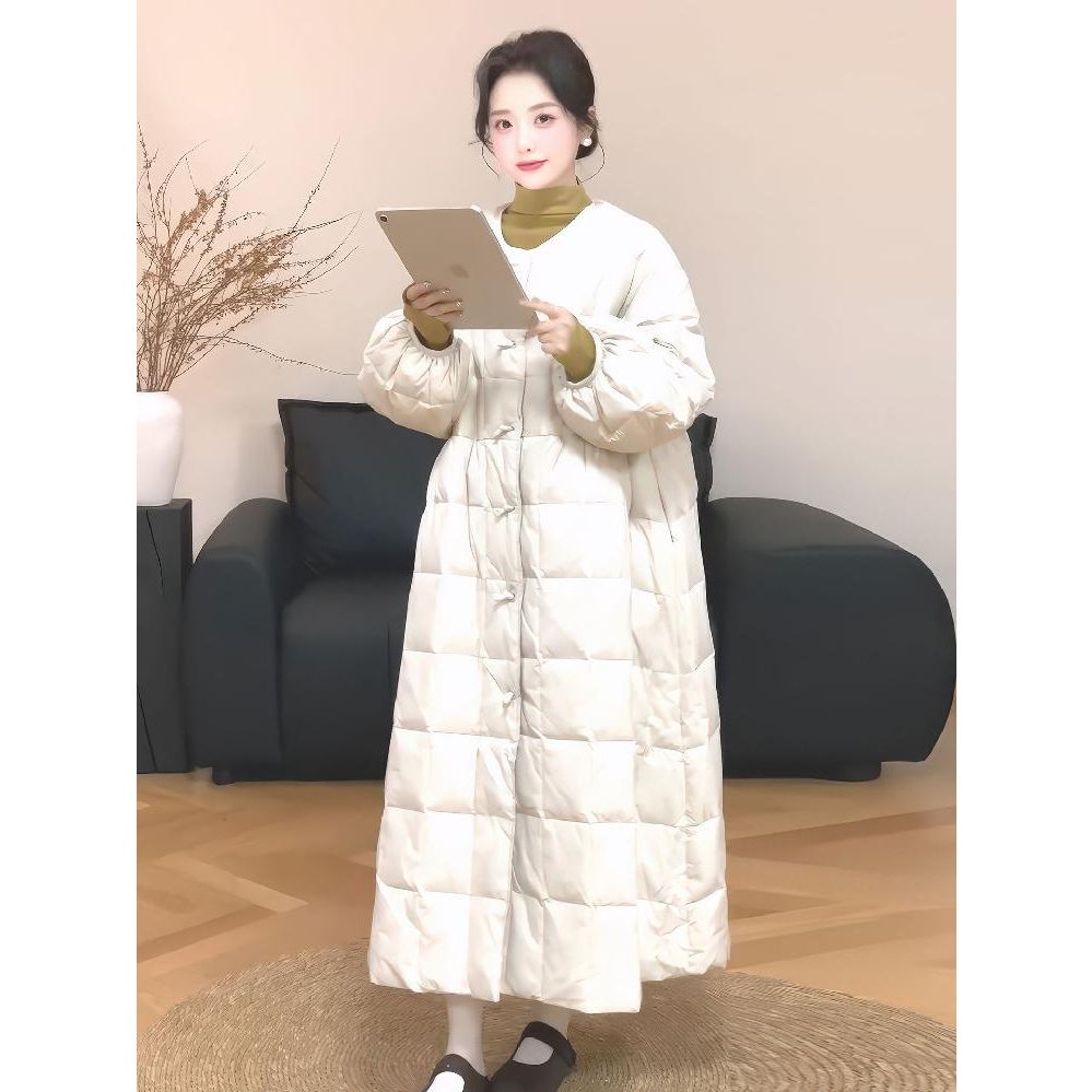 여성 겨울 치마 하이웨스트 롱치마 A라인 슬림핏 루즈핏 미색(패딩) S (40-47.5kg) - 상품 이미지