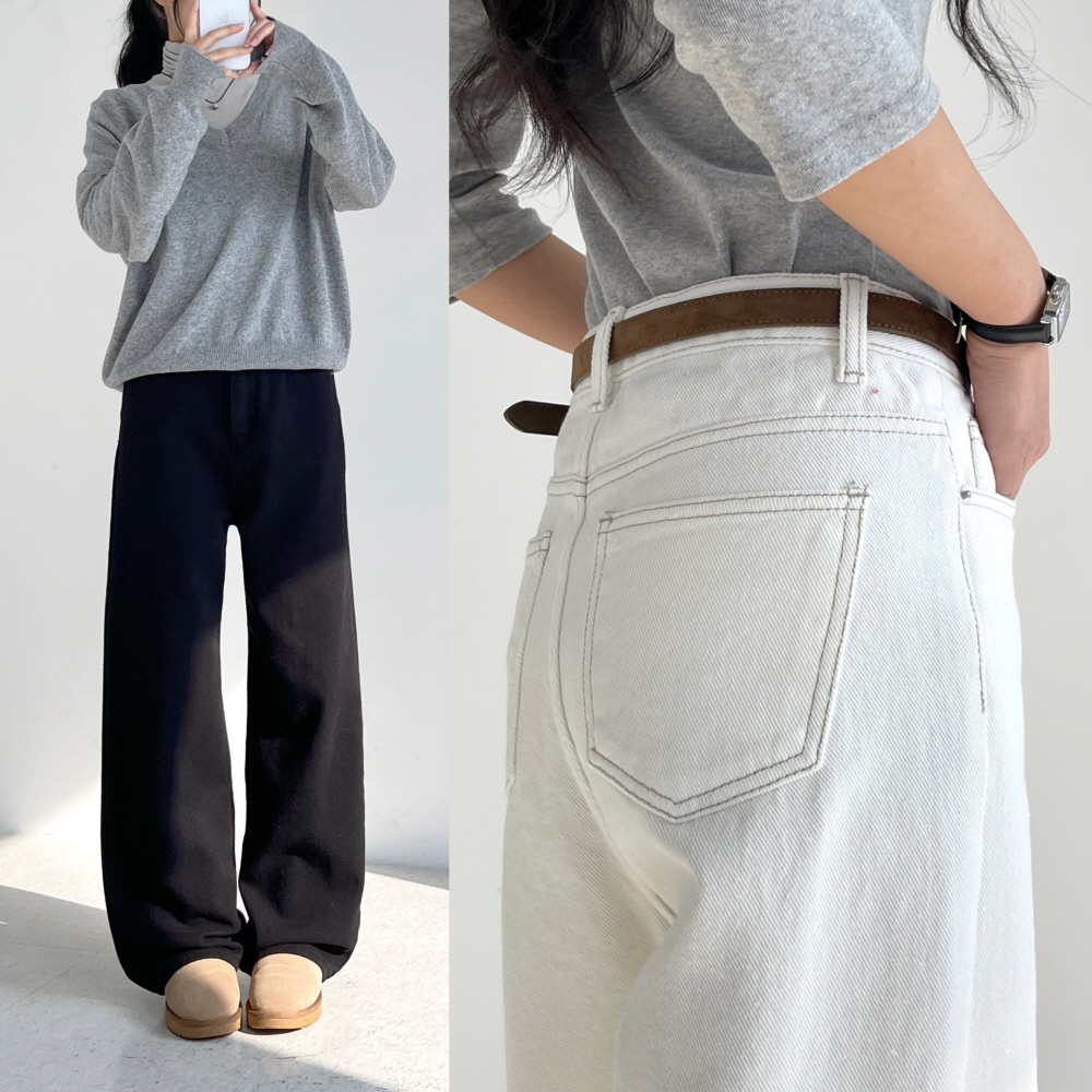 기모 블랙진 화이트진 빅사이즈 겨울 여성 데님팬츠 세미와이드 일자 통바지 블랙아이크림진 제품 이미지