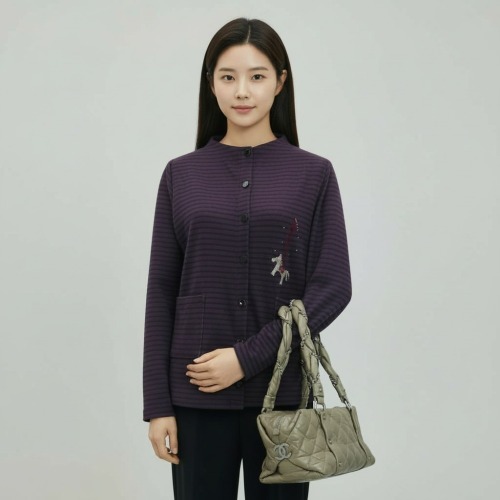 엄마옷 조이마담 J3386 핫피스 패치 스트라이프 버튼 가디건 중년여성의류 - 상품 이미지