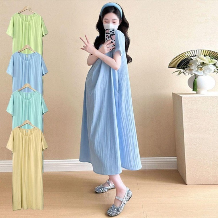 여성 플 루즈핏 롱 원피스 반팔 홈웨어 데일리룩 - 상품 이미지