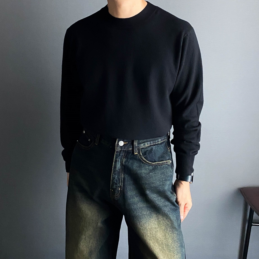 남자 고밀도 캐시라이크 니트티 라운드넥 무지 긴팔 가을 봄 겨울 데일리룩 이너 - 상세 이미지 3