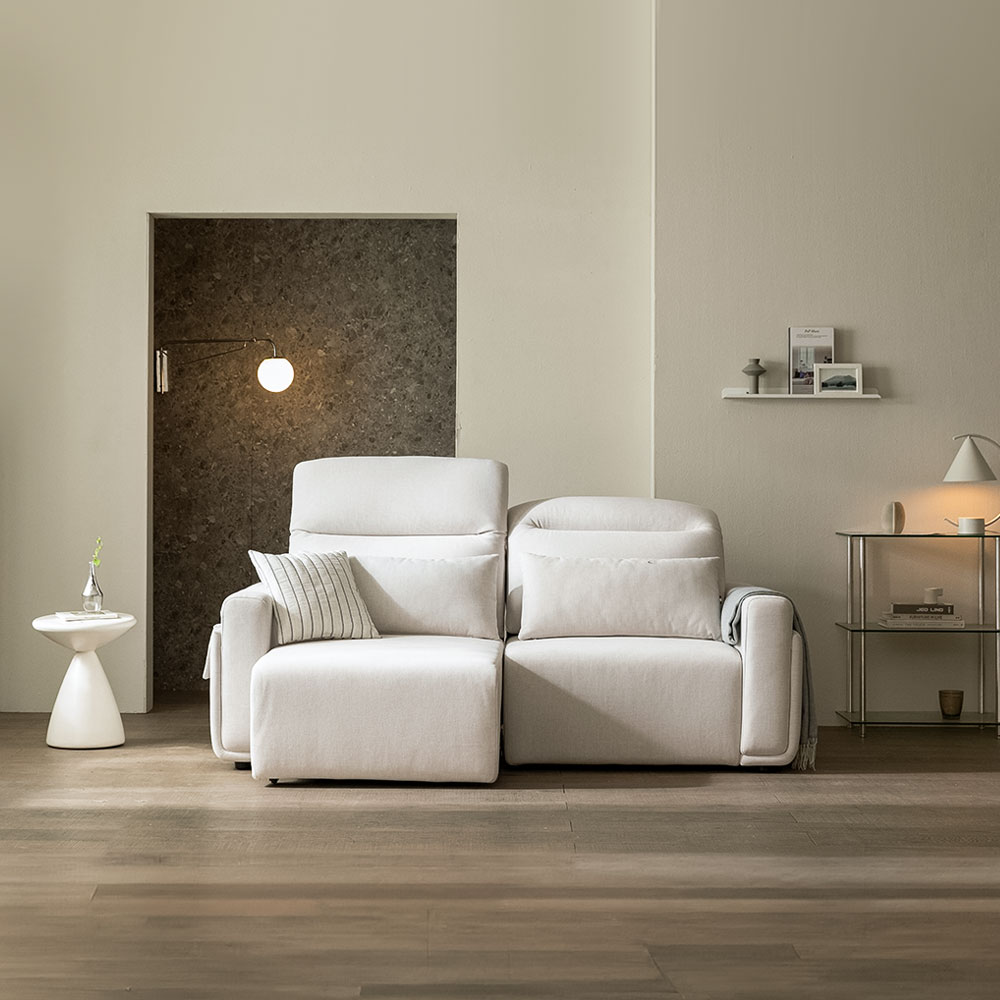 장인가구 고요 모션 전동 슬라이딩 패브릭 리클라이너 슬라이드 소파 아이보리, 3인용