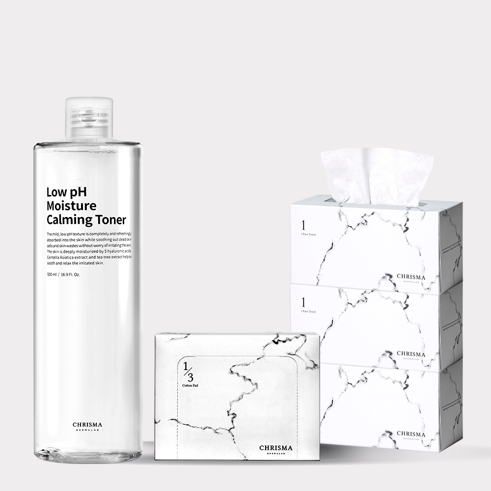 [속보습 케어SET] 크리스마 페이스타올 80매 3개+1/3화장솜 160매 1개입+약산성 토너 500ml 1개입 - 상품 이미지