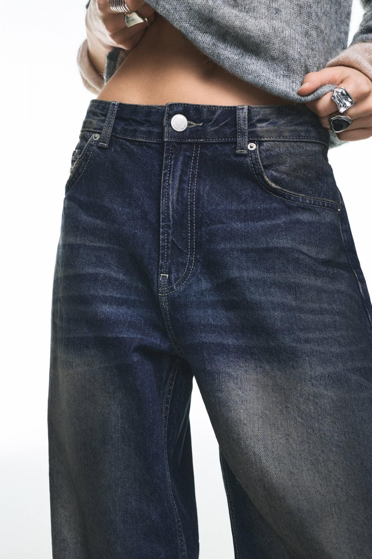 풀앤베어 로우라이즈 배기핏 데님 와이드 청바지 7683/376 DARK BLUE - 상세 이미지 5